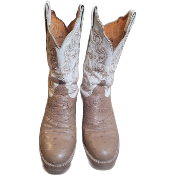 Lucchese Brown and White Ostrich Cowboy Boots - Picture 1 of 13